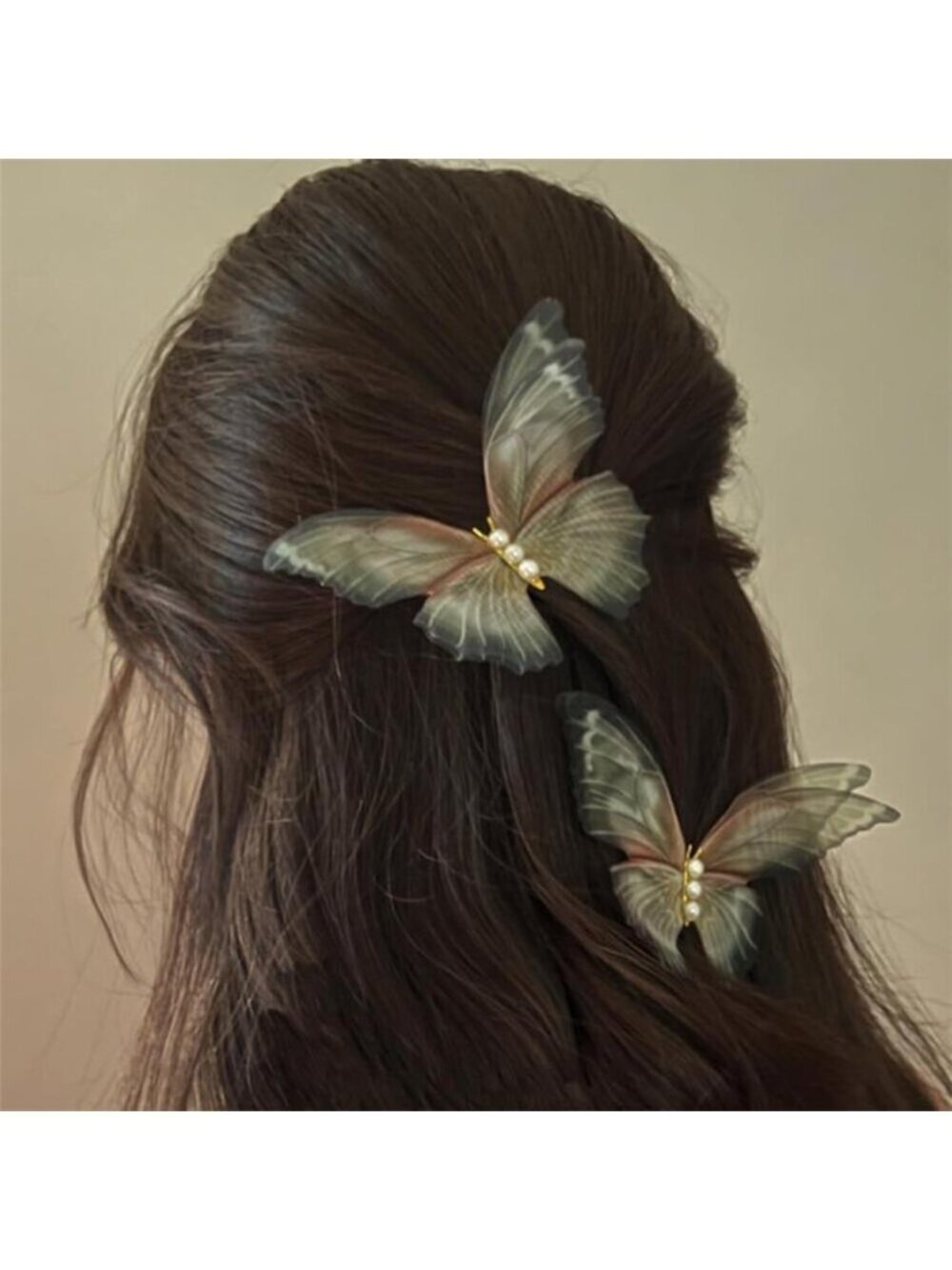 2pcs Butterfly Hair Clips Boho Big Pearl Green 3D Moving Wings Butterfly Hair Ba